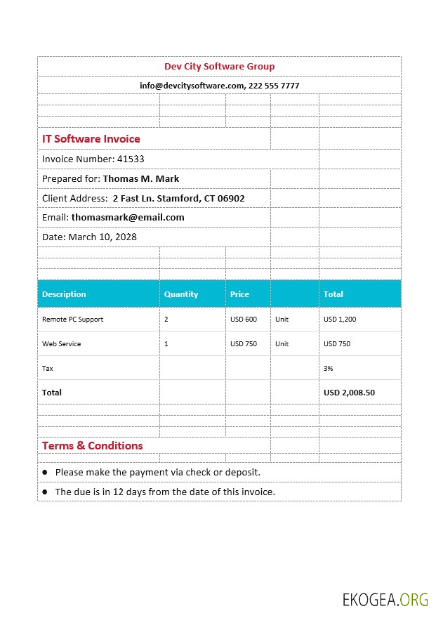 Modèle de facture de logiciel informatique